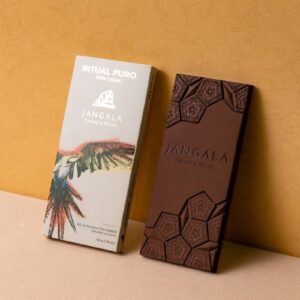 Elegant Jangala chocolate bar and packaging, highlighting artisanal design from Chiapas, Mexico.