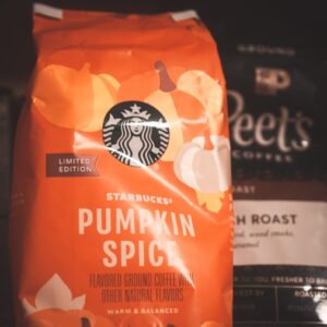 a bag of starbucks pumpkin spice sitting on top of a counter